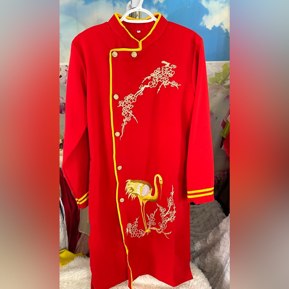 ao dai cach tan nam,  Vietnamese men’s modern contemporary long dress top red S